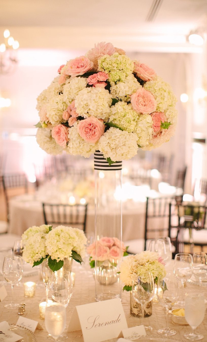 Pastel green and pink hydrangea tall wedding reception centerpieces