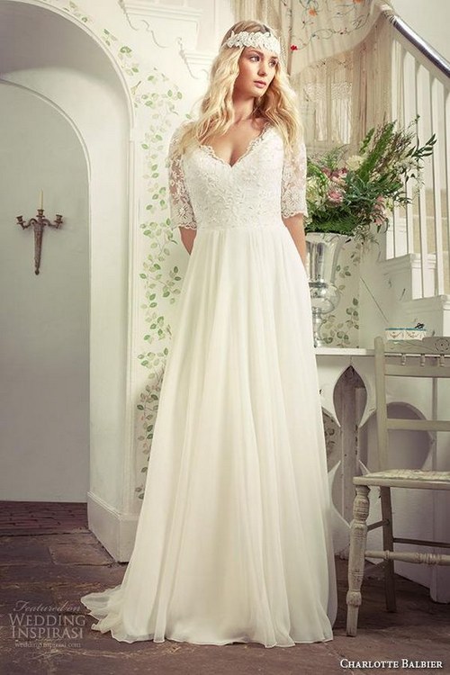 Plus Size Beach Wedding Dresses with Sleeves V Neck Sweep Train Ivory Chiffon Lace Bridal Gowns