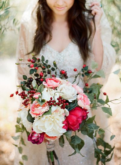 Pretty red and white peonies bouquet of wedding