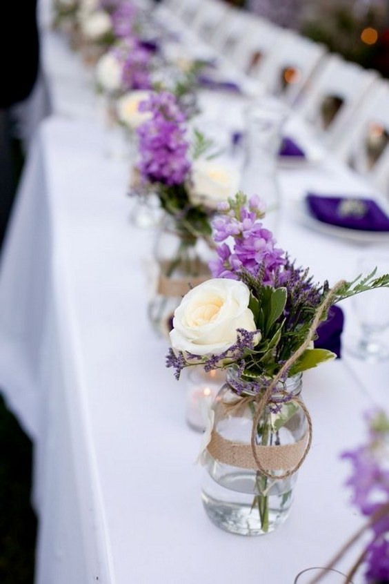 Purple rustic wedding centerpieces with mason jars and burlap, elegant rustic wedding ideas