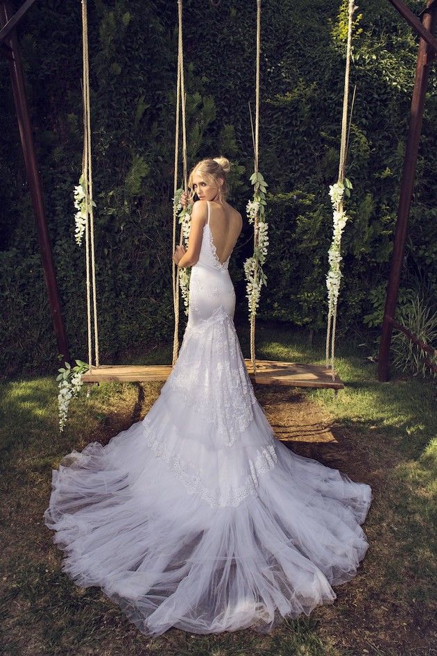 Riki Dalal low back wedding dress with tulle and lace train