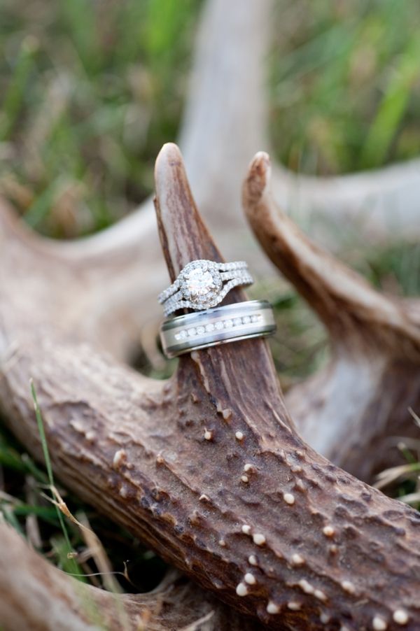 Ring Shot Idea with Antlers for Rustic Glam Wedding