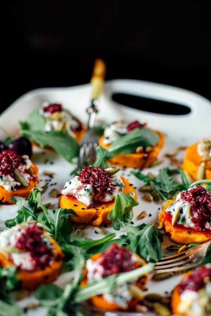 Roasted Sweet Potato with Smokey Eggplant Dip and Cherry Chutney