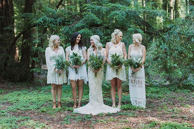 Rustic-Bohemain Wedding Ideas – Bridesmaids in all white lace dresses