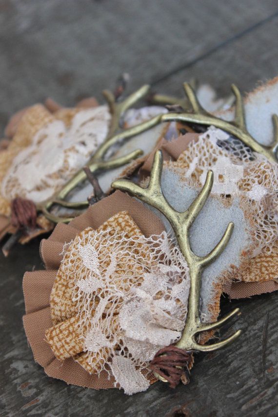 Rustic Country Antler Boutonniere Lace and Leather Wedding Boutonniere