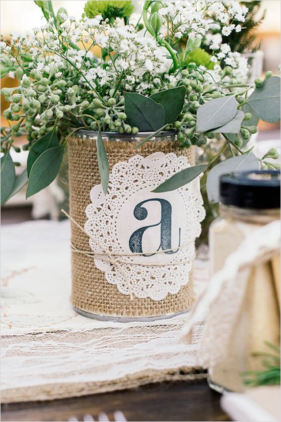 Rustic Ideas for Wedding-can with burlap and doillie with monogram