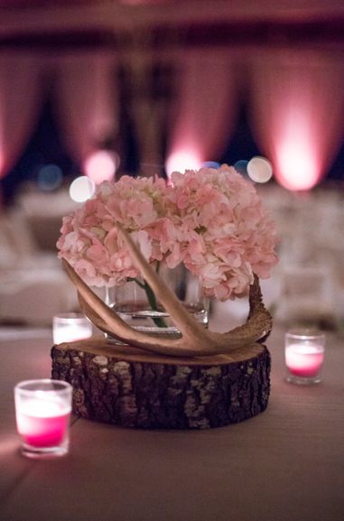 Rustic Wedding Centerpiece ideas with Pale Pink Hydrangeas and Deer Antler