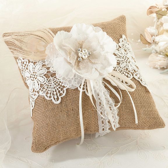Rustic Wedding Bridal Burlap Ring Bearer Pillow Lace Bowknot Decoration 