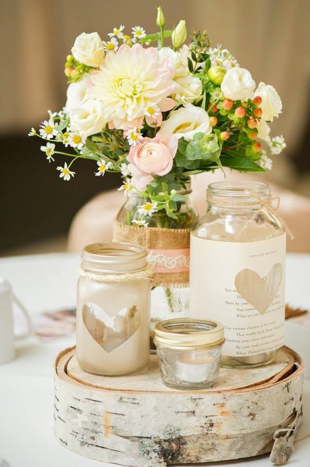 Rustic Wedding Table Centerpieces with Mason Jars and Flowers