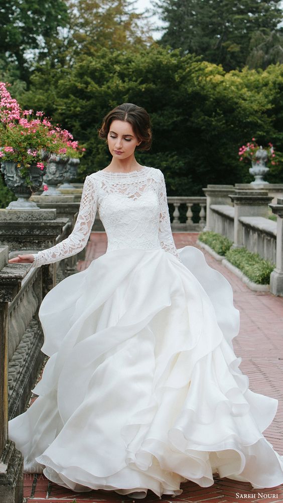SAREH NOURI bridal fall 2016 long sleeves sweetheart illusion jewel neck a line ball gown wedding dress