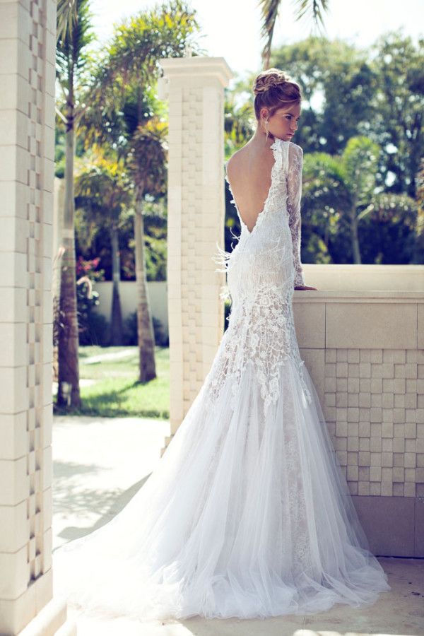 Sexy Open Back Lace Wedding Dress with Long Sleeves