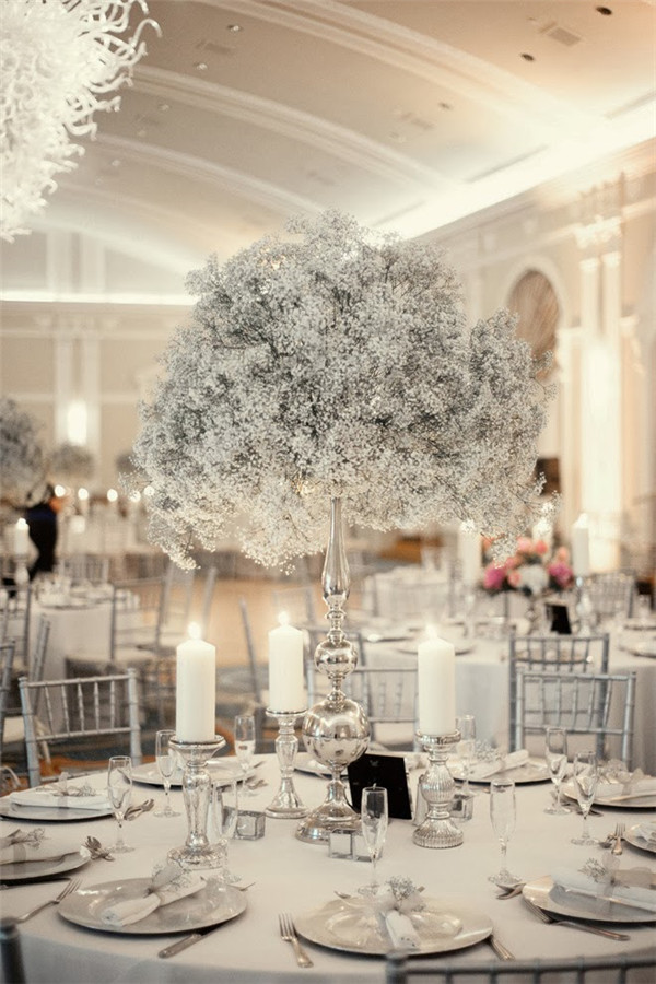 Silver baby breath big tall wedding centerpiece ideas