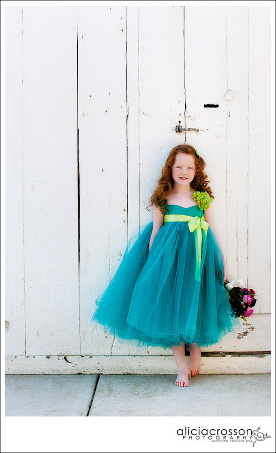 Turquoise and Lime Green Tulle Flower Girl Dress