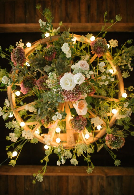 Underside view of wagon wheel chandelier