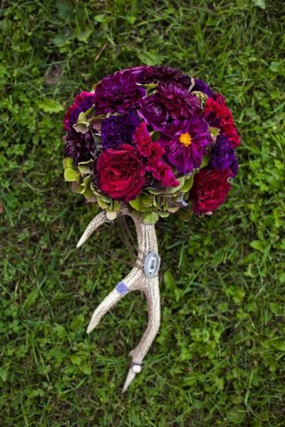 Unique rustic purple bridal bouquet with antler