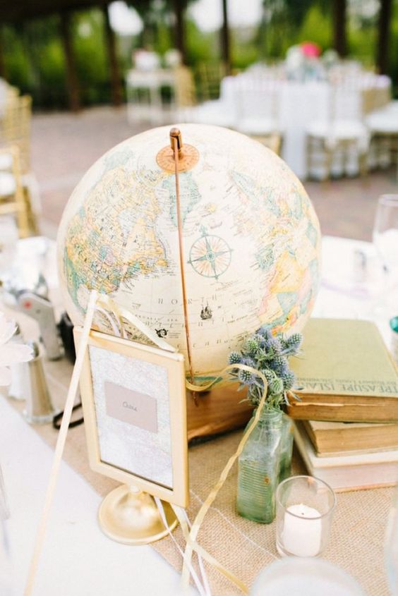 Use globes as centerpieces at a travel themed wedding