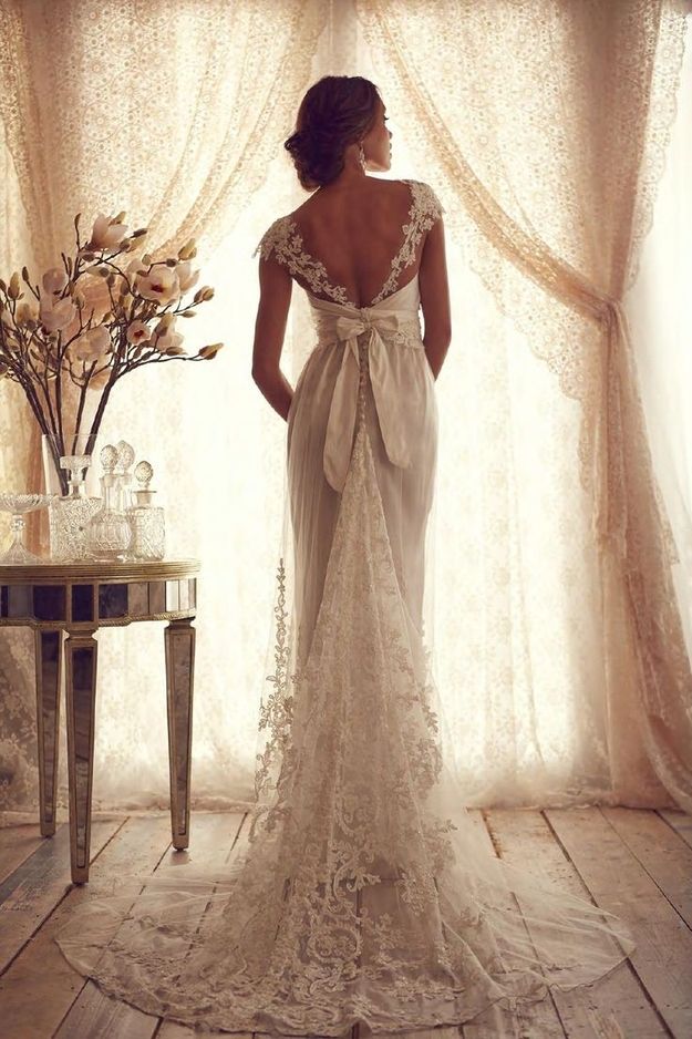 Vintage Lace Wedding Gown with Lace Cap Sleeves
