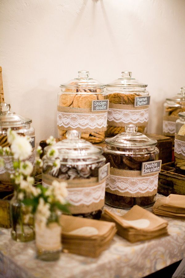 Wedding cookie bar instead of a candy bar with lace and burlap