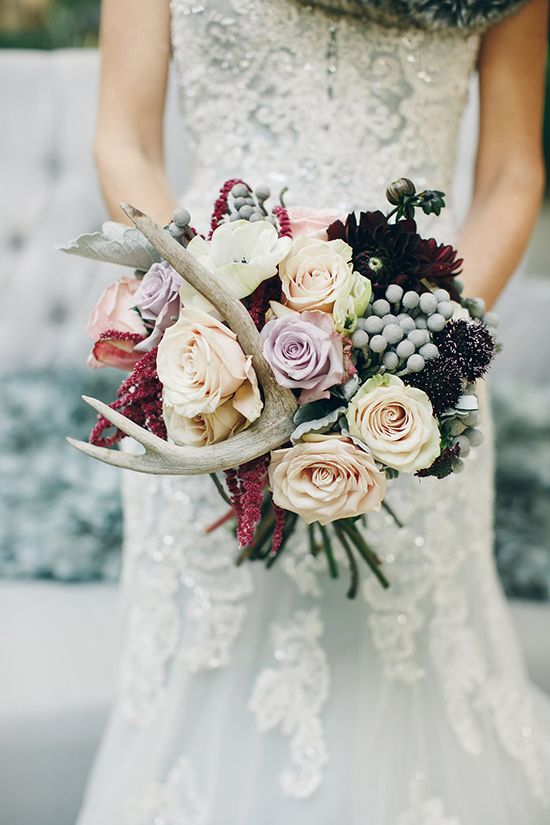 Whimisican Woodland Wedding Ideas- Fall wedding bouquet with antler
