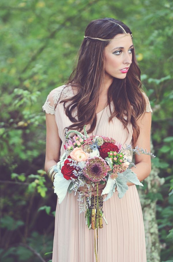 Woodland Bohemian Wedding Ideas - Berry toned wedding bouquet and Blush Bridesmaid Dress
