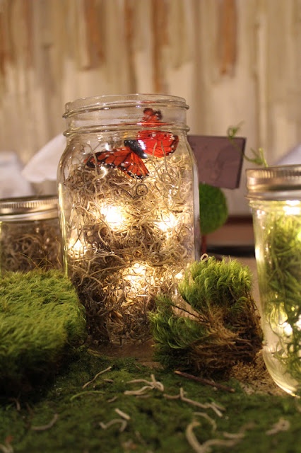 Woodland wedding decor mason jar butterfly and moss lantern