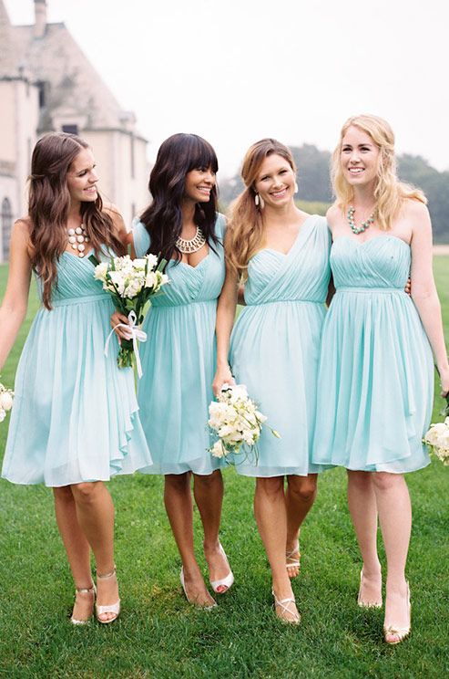 aqua color short bridesmaids dresses