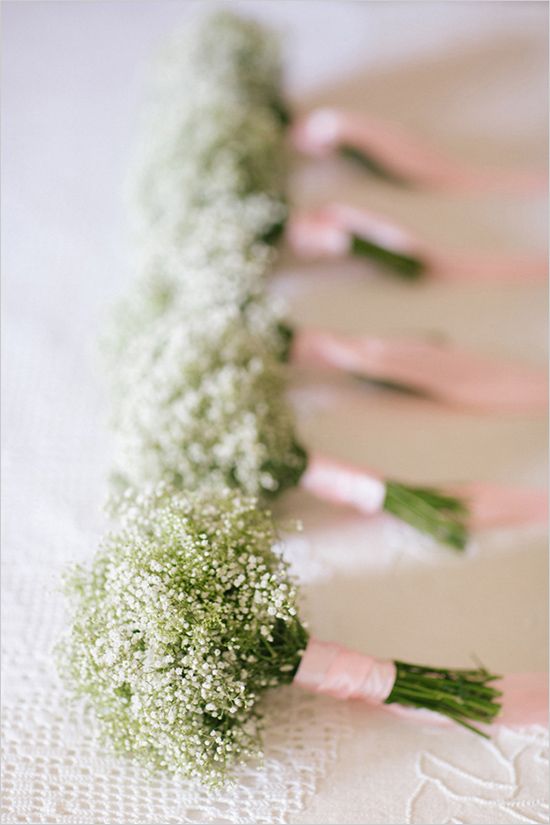 babys breath bouquets for bridesmaids with blush pink ribbon