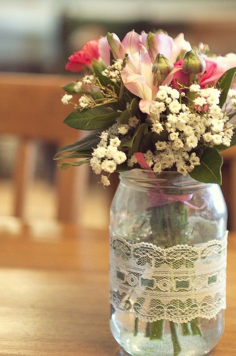 baby's breath in mason jar with lace details