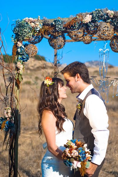 blue and brown fall wedding alter