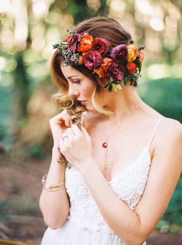 bohemian forest wedding ideas - boho hairstyle with bridal flower crown