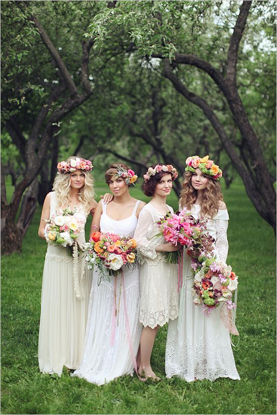 boho chic wedding ideas –  white lace boho bridesmaid dresses with flowers