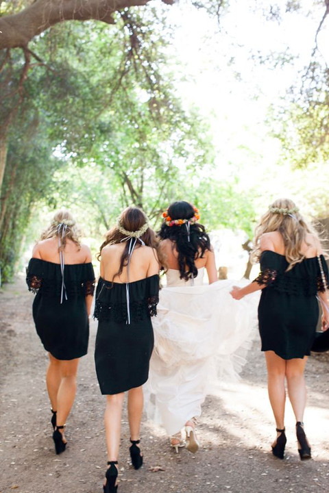 boho wedding ideas – black boho lace bridesmaid dresses