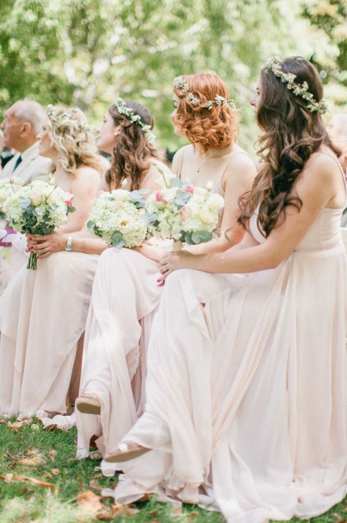 boho wedding ideas - blush bridesmaid dresses and flower crowns