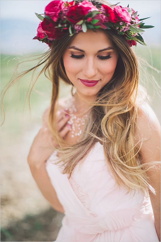 boho wedding ideas - boho wedding hairstyle with flower crown