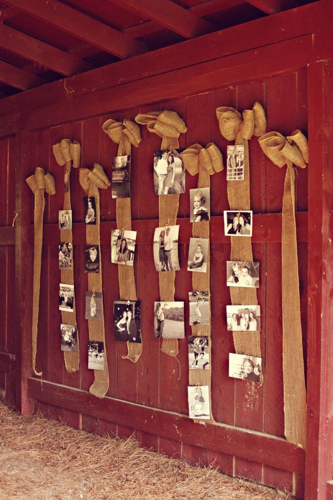 burlap wedding backdrop with photos