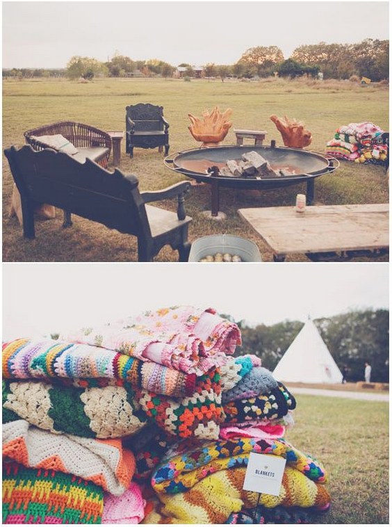 campfire, benches, chairs and blankets