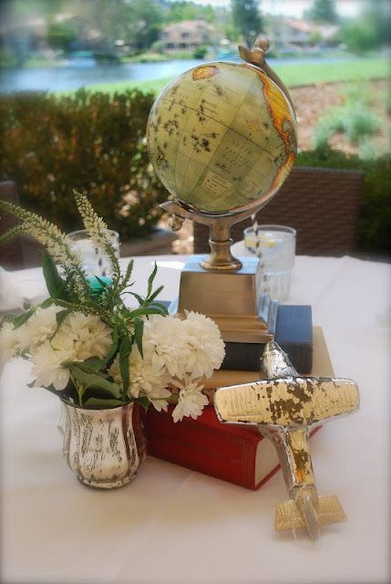 cute centerpiece with books, globes, and planes
