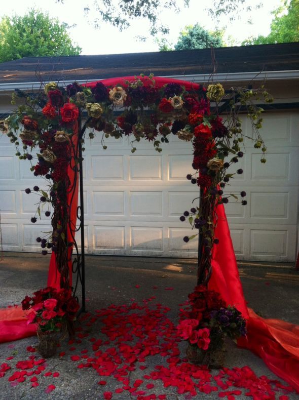 diy outdoor purple and red flowers wedding aisle arbor arch ceremony