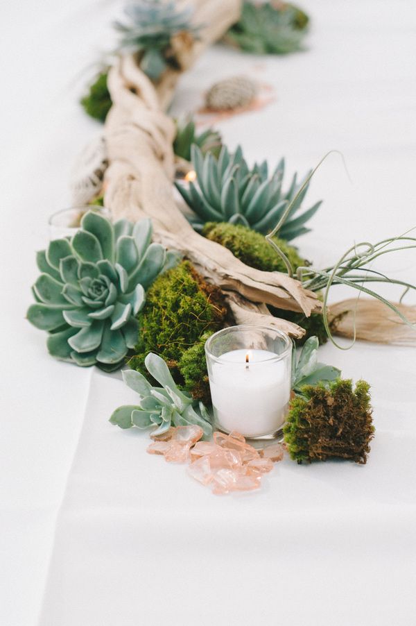 driftwood moss and succulent wedding centerpiece