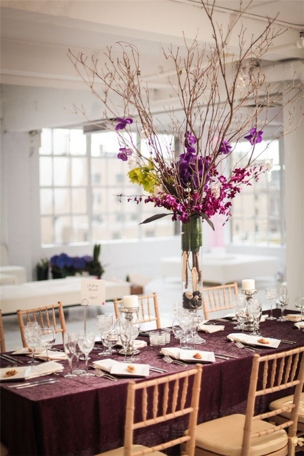 gold and purple weding ideas – tree tall centerpieces for weddings