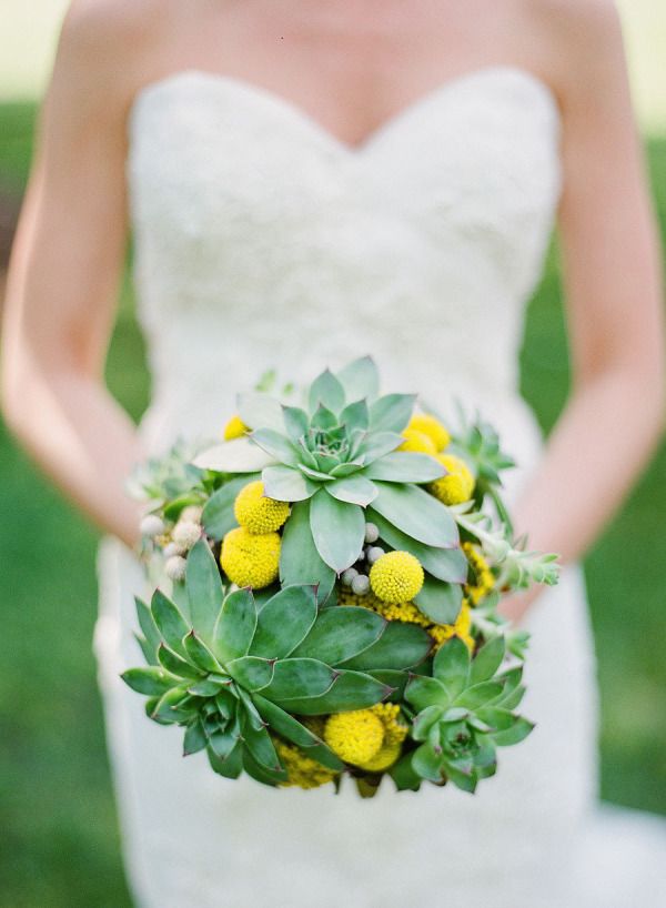 green and yellow wedding ideas-Succulents and craspedia bridal bouquet