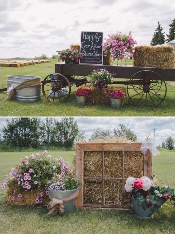 hay bales, chevron backdrop, watering cans, flowers, decor