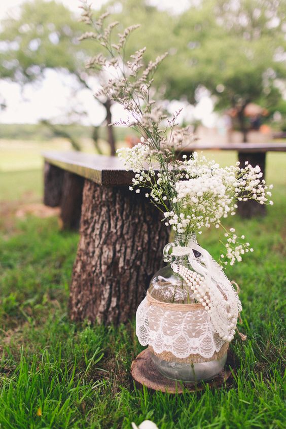 lace and burlap wrapped vases