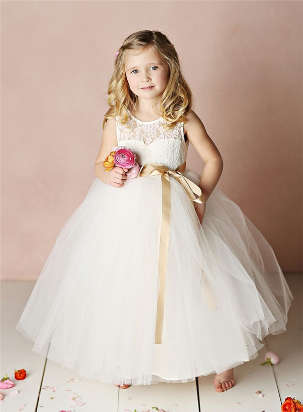 lace empire flower girl dress with gold ribbon