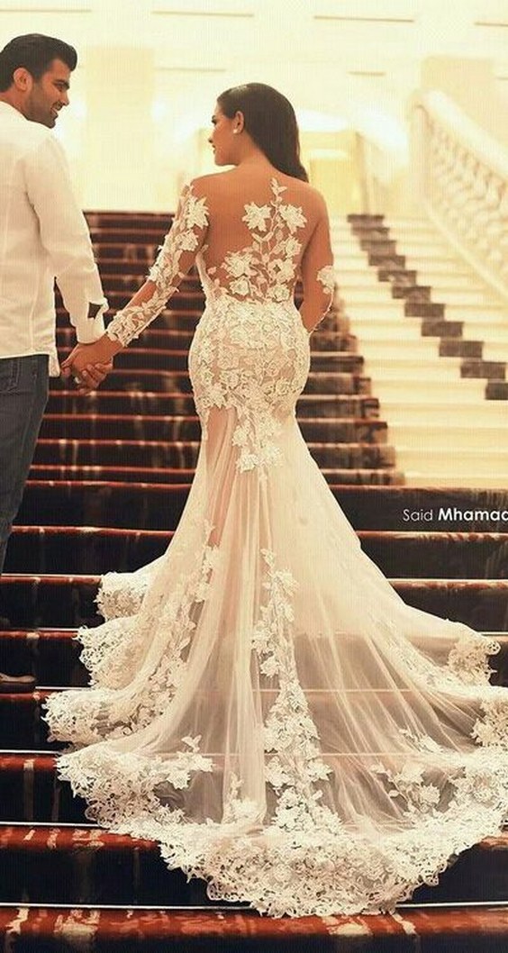 long sleeves mermaid lace wedding dress