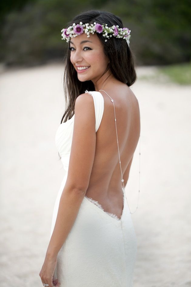 lovely beach bride dons a stunning backless wedding gown