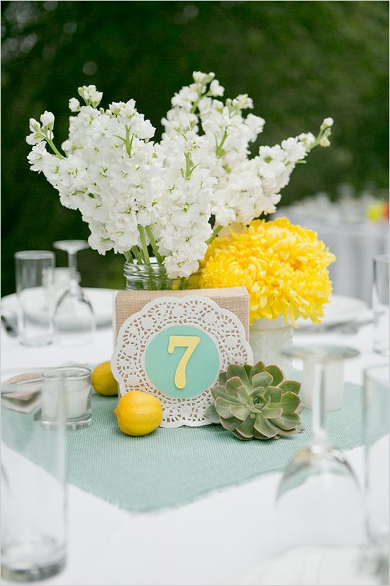 mint anf yellow doily succulent and burlap centerpiece