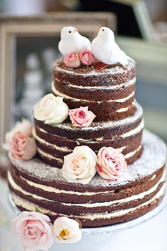 naked wedding cake with love birds wedding cake topper