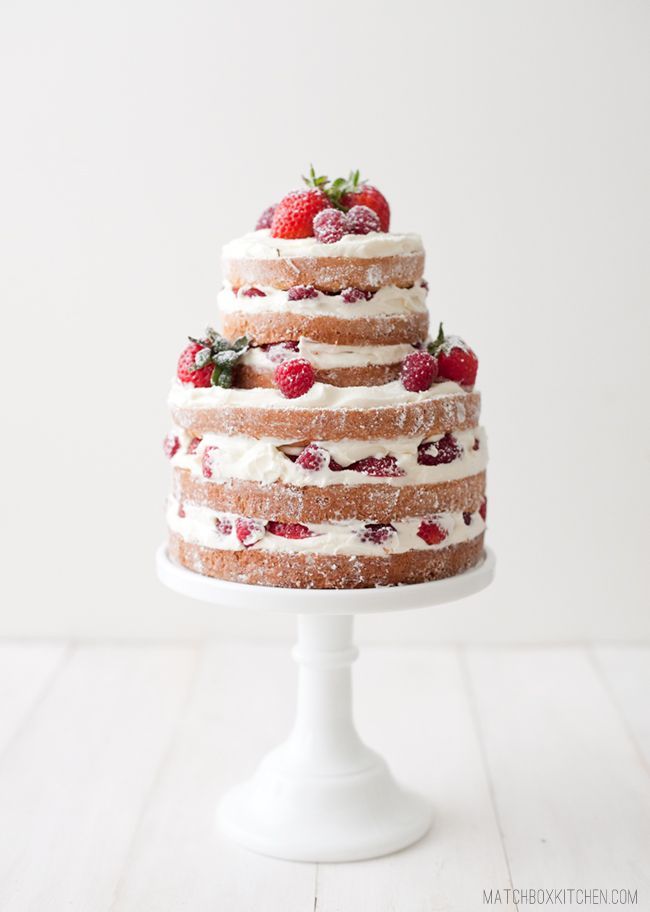 naked wedding cake with strawberry raspberry shortcake