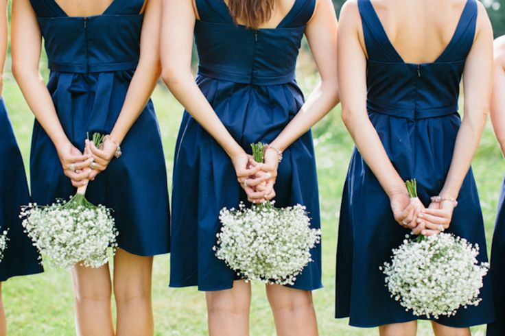 navy bridesmaid dresses and baby's breath bridesmaid bouquet